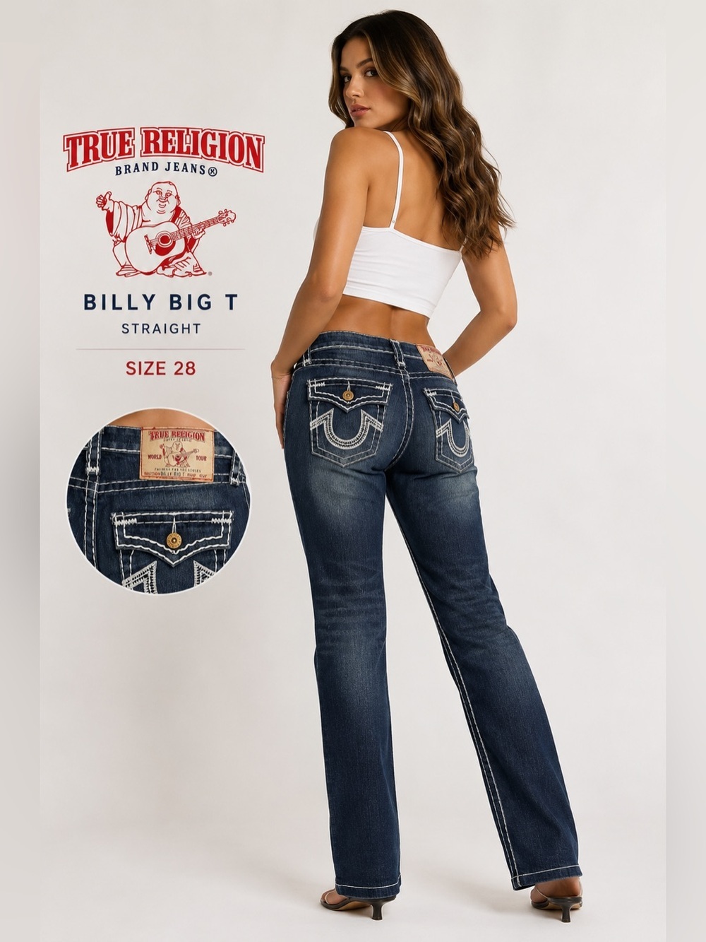 True Religion Billy Big T Straight Jeans Size 28 Dark Wash Flap Pocket